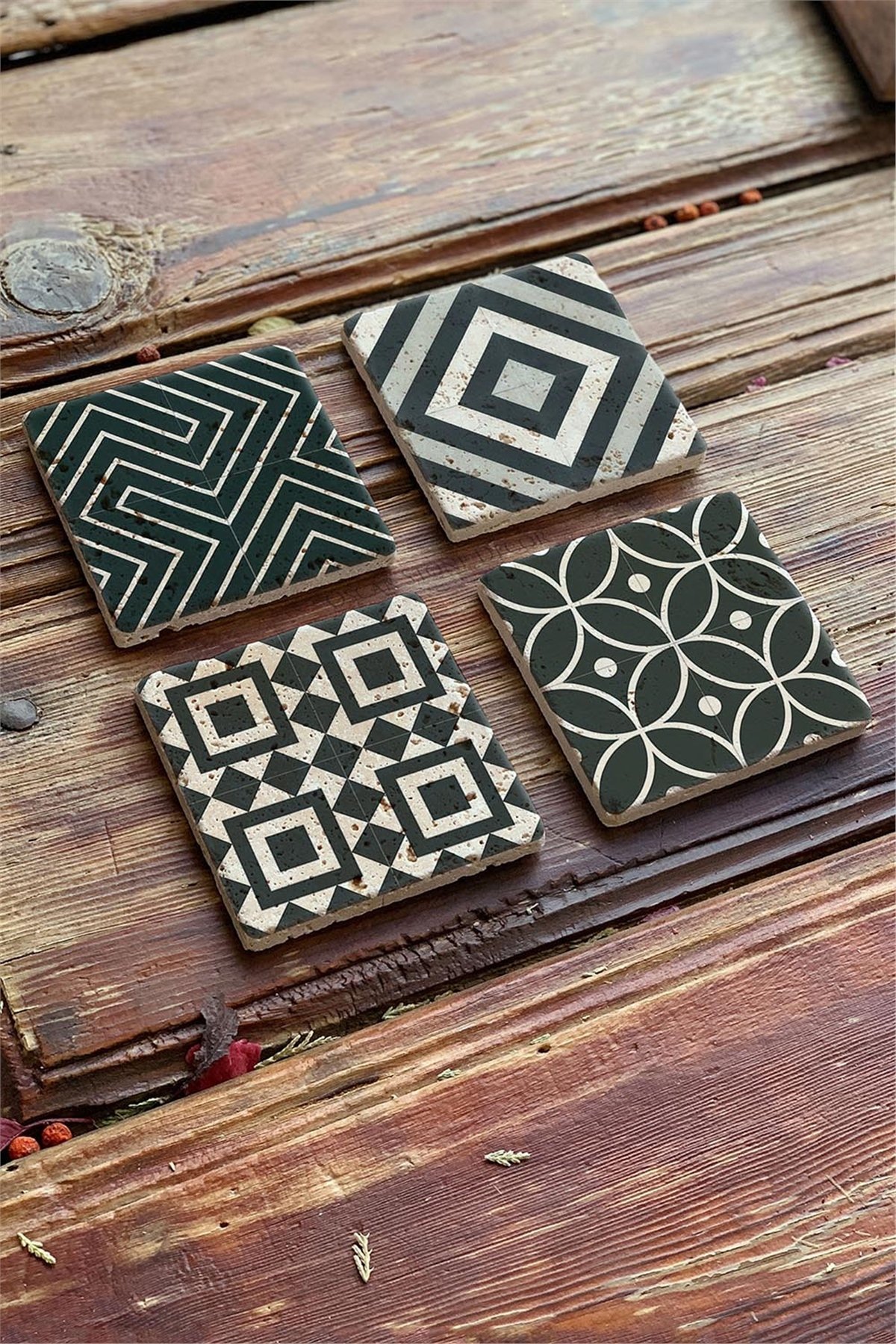 Oscar Stone Decor Baskılı Doğaltaş Bardak Altlığı 4'lü Set Desen Tile