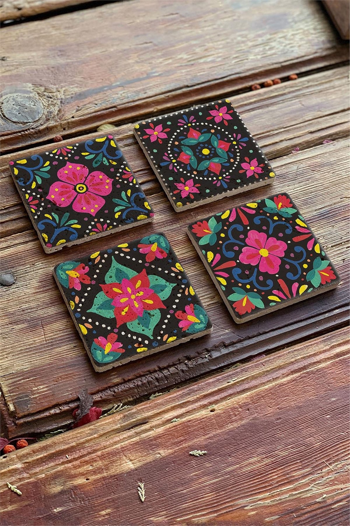 Oscar Stone Decor Baskılı Doğaltaş Bardak Altlığı 4'lü Set  Desen Tile