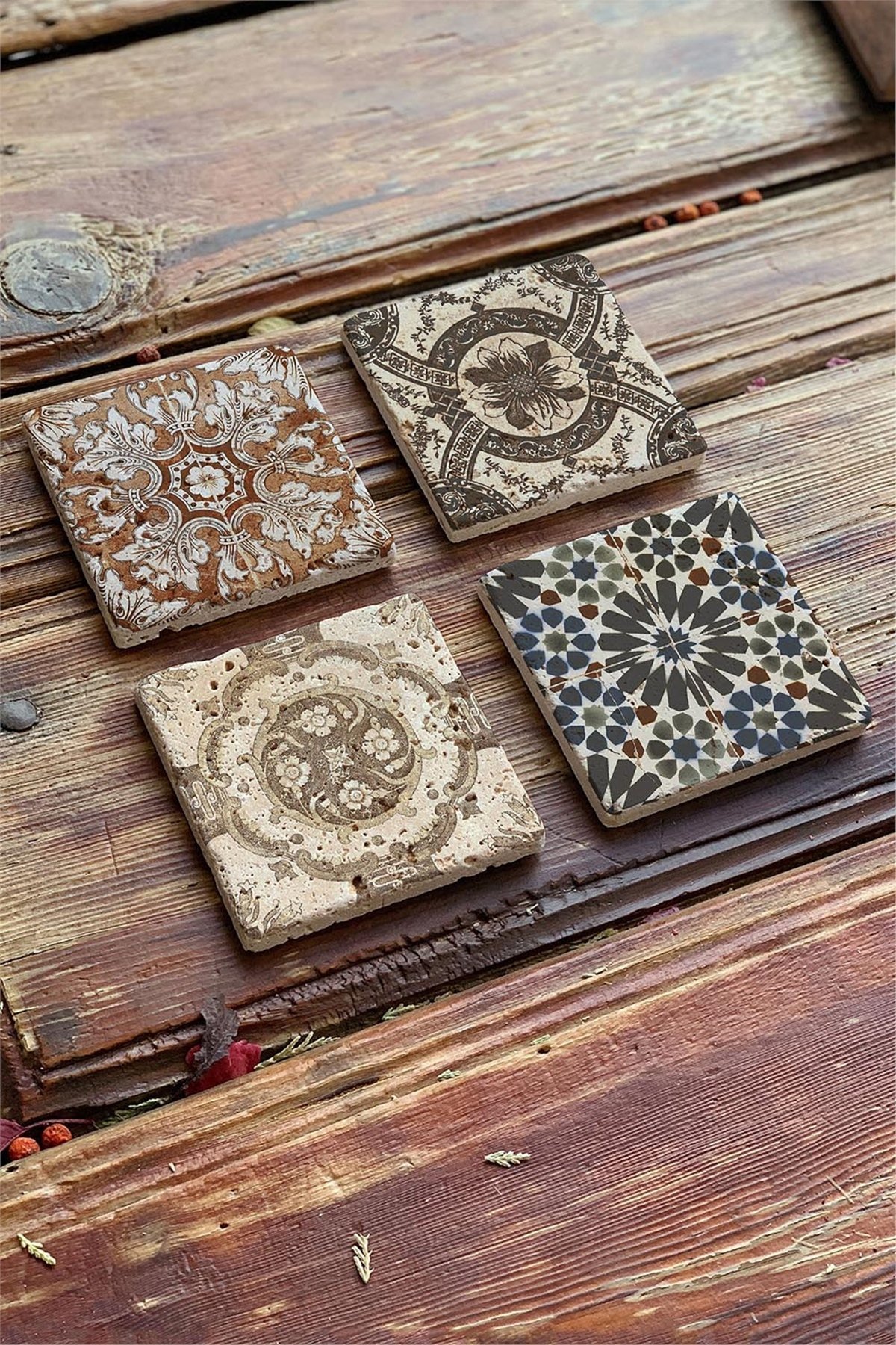 Oscar Stone Decor Baskılı Doğaltaş Bardak Altlığı 4'lü Set Desen Tile