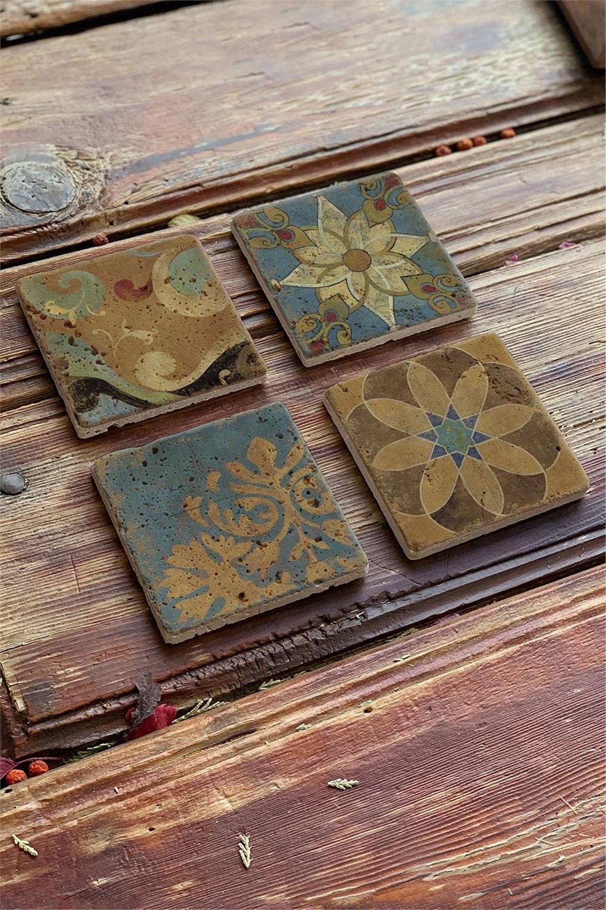 Oscar Stone Decor Baskılı Doğaltaş Bardak Altlığı 4'lü Set Desen Tile