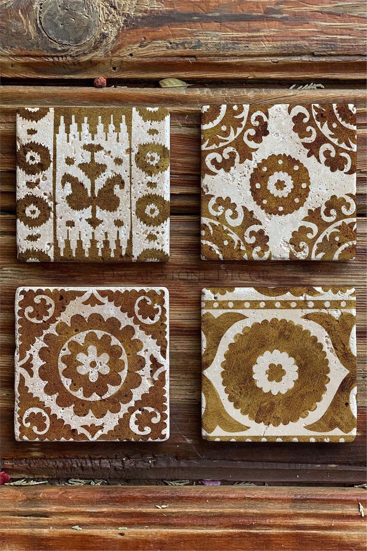 Oscar Stone Decor Baskılı Doğaltaş Bardak Altlığı 4'lü Set Desen Tile