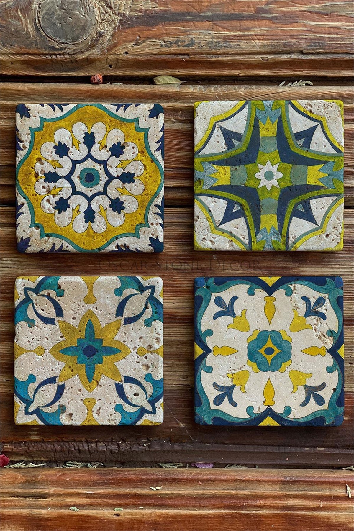 Oscar Stone Decor Baskılı Doğaltaş Bardak Altlığı 4'lü Set  Desen Tile