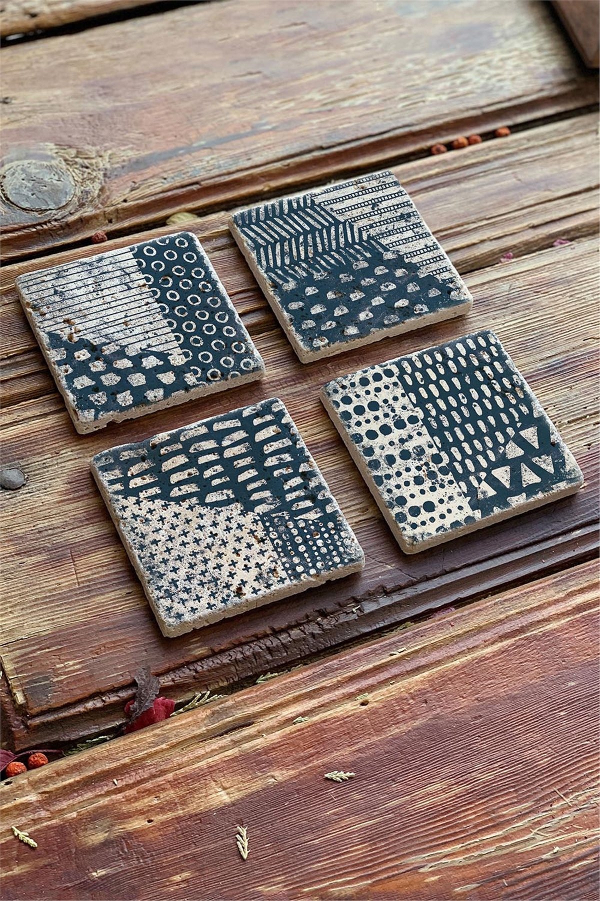 Oscar Stone Decor Baskılı Doğaltaş Bardak Altlığı 4'lü Set Desen Tile