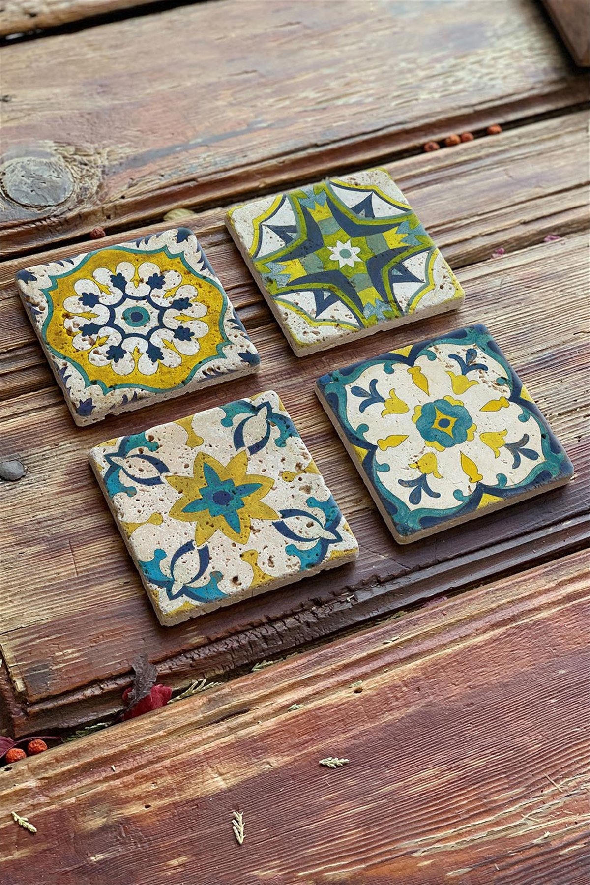 Oscar Stone Decor Baskılı Doğaltaş Bardak Altlığı 4'lü Set  Desen Tile