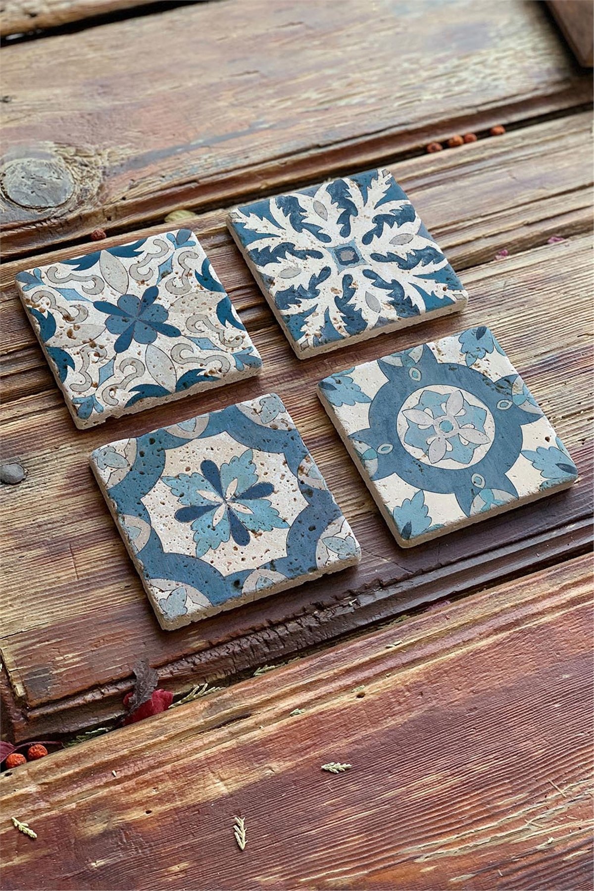 Oscar Stone Decor Baskılı Doğaltaş Bardak Altlığı 4'lü Set Desen Tile