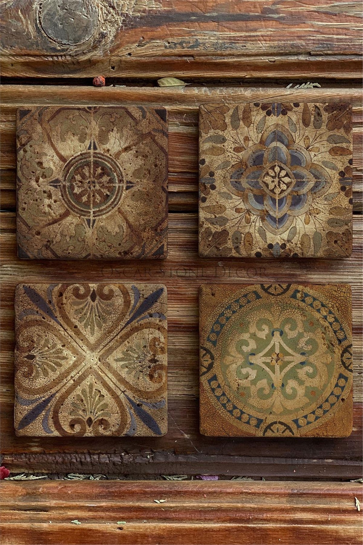 Oscar Stone Decor Baskılı Doğaltaş Bardak Altlığı 4'lü Set Desen Tile