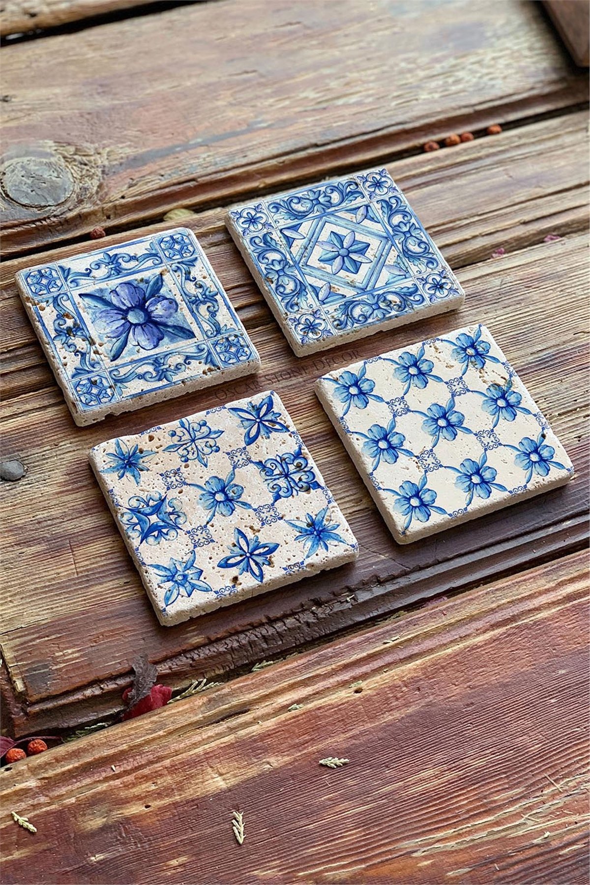 Oscar Stone Decor Baskılı Doğaltaş Bardak Altlığı 4'lü Set Desen Tile