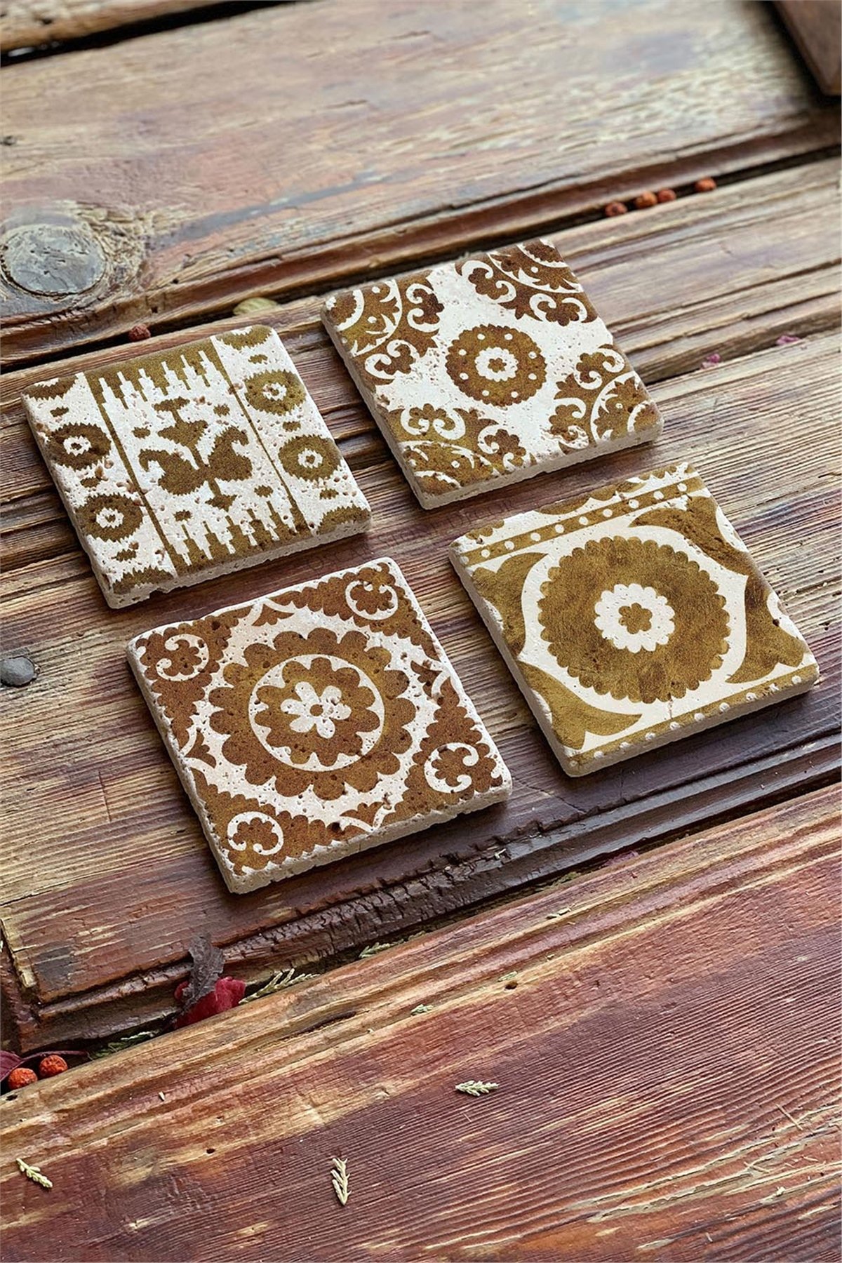 Oscar Stone Decor Baskılı Doğaltaş Bardak Altlığı 4'lü Set Desen Tile