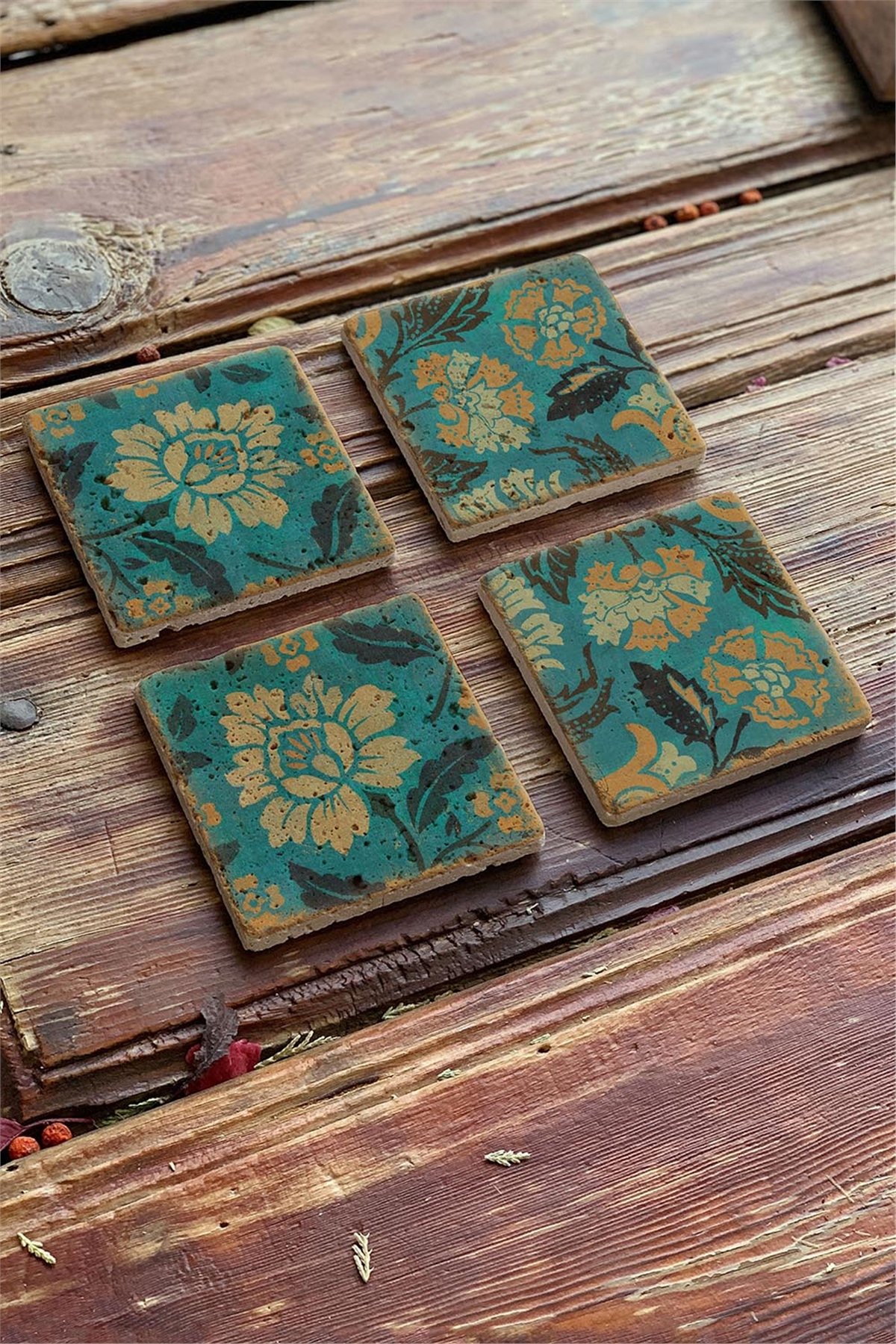 Oscar Stone Decor Baskılı Doğaltaş Bardak Altlığı 4'lü Set Desen Tile