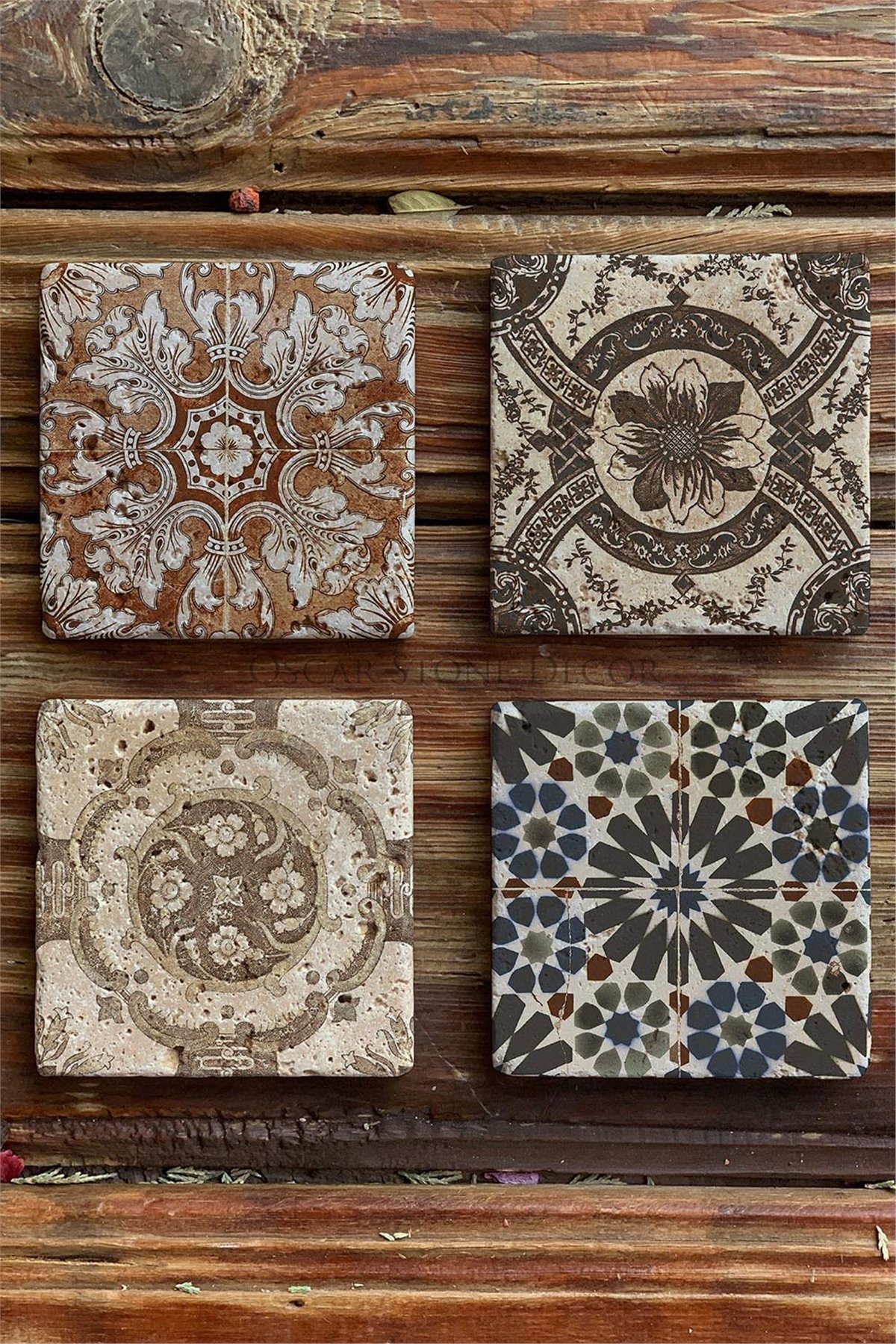 Oscar Stone Decor Baskılı Doğaltaş Bardak Altlığı 4'lü Set Desen Tile