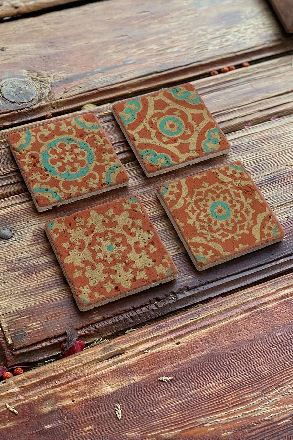 Oscar Stone Decor Baskılı Doğaltaş Bardak Altlığı 4'lü Set  Desen Tile