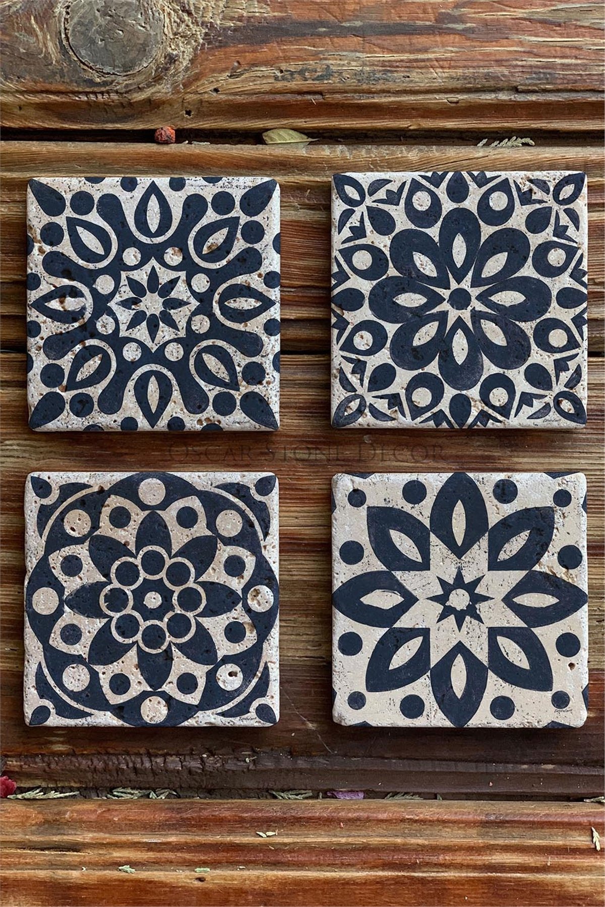 Oscar Stone Decor Baskılı Doğaltaş Bardak Altlığı 4'lü Set Desen Tile