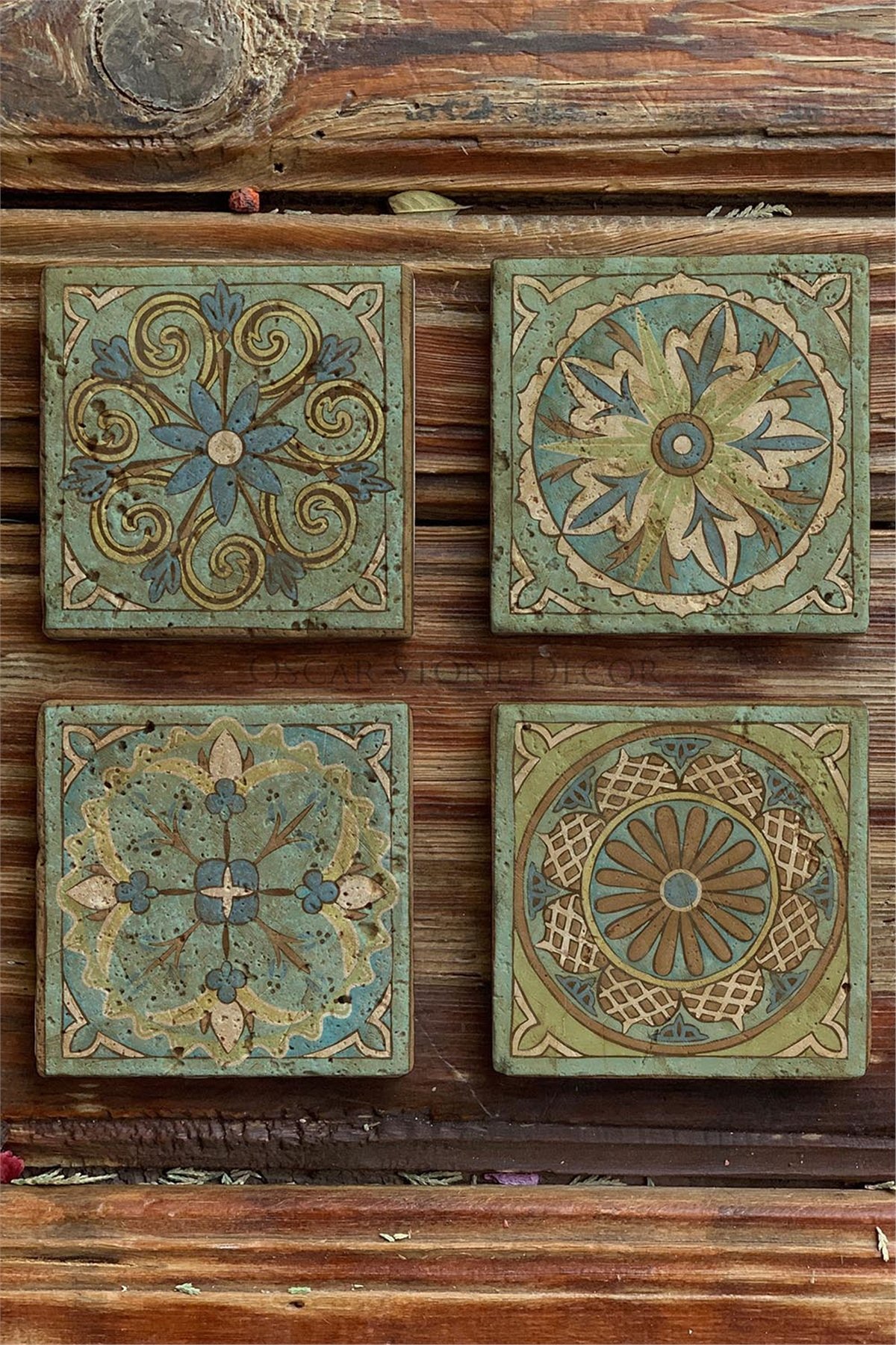 Oscar Stone Decor Baskılı Doğaltaş Bardak Altlığı 4'lü Set Desen Tile