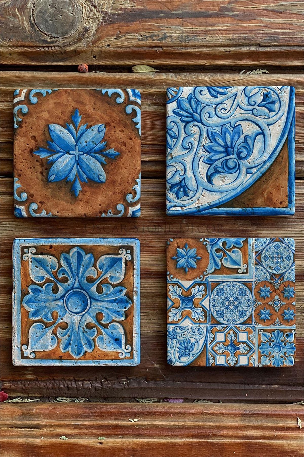 Oscar Stone Decor Baskılı Doğaltaş Bardak Altlığı 4'lü Set Desen Tile