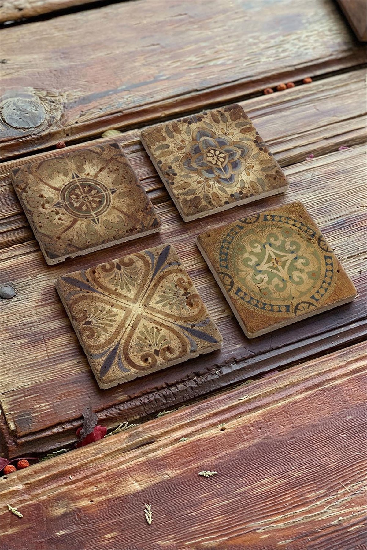 Oscar Stone Decor Baskılı Doğaltaş Bardak Altlığı 4'lü Set Desen Tile
