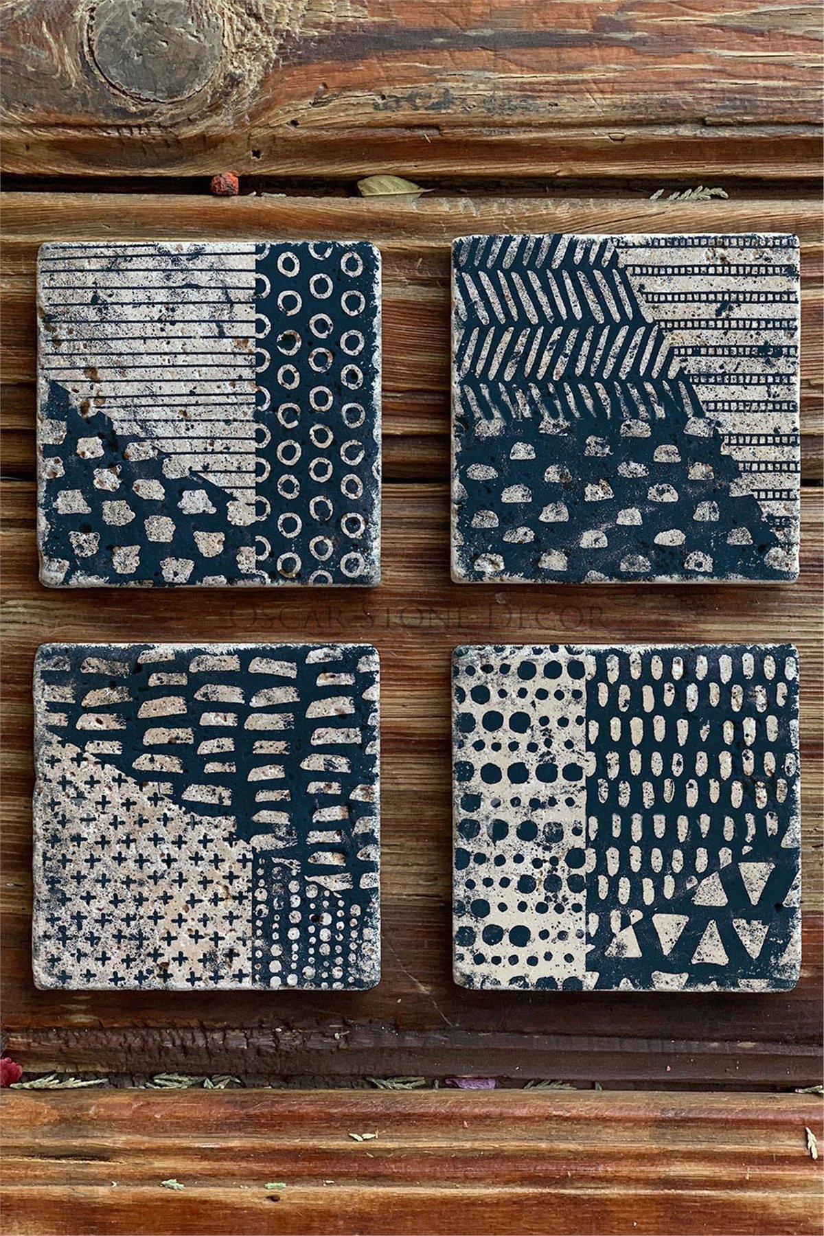 Oscar Stone Decor Baskılı Doğaltaş Bardak Altlığı 4'lü Set Desen Tile