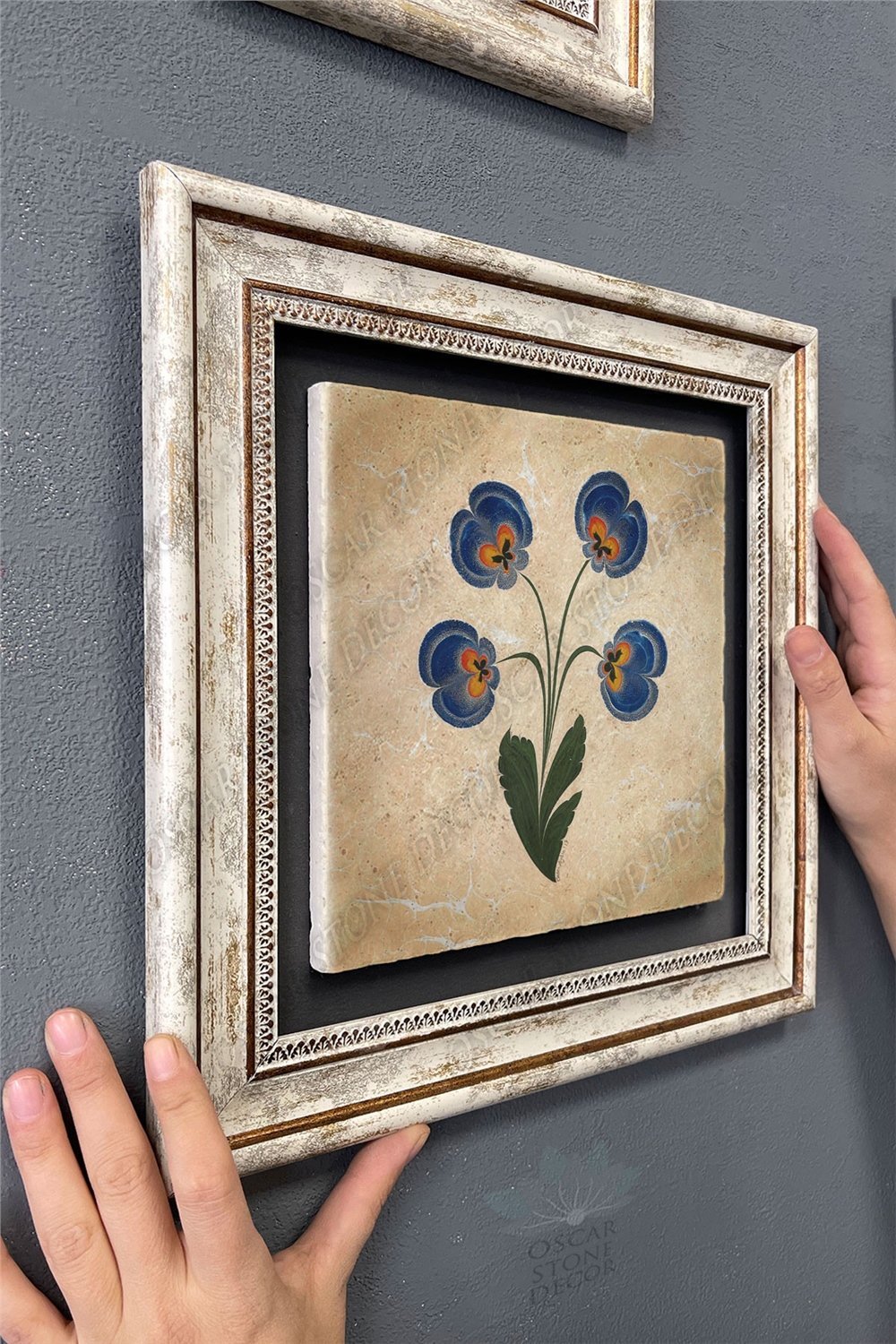 Oscar Stone Decor Çerçeveli Tablo Taş Duvar Dekoru 30 X 30 Cm Ebruli Çiçek Tasarım Tablo