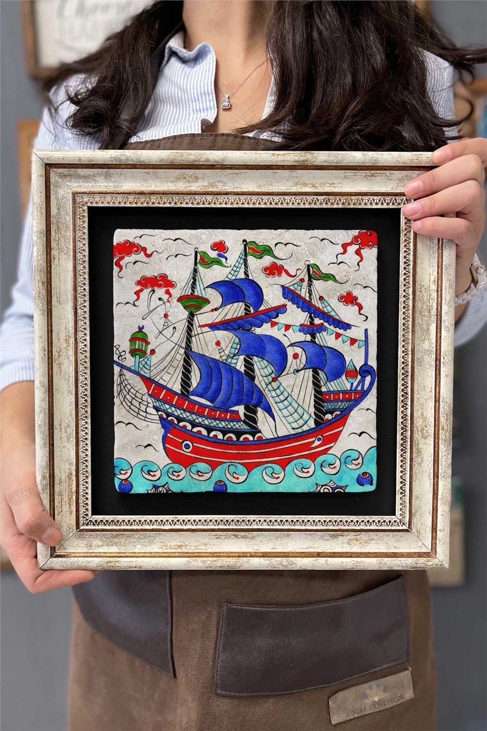 Oscar Stone Decor Çerçeveli Tablo Taş Duvar Dekoru 30 X 30 Cm Çini Seramik Gemi
