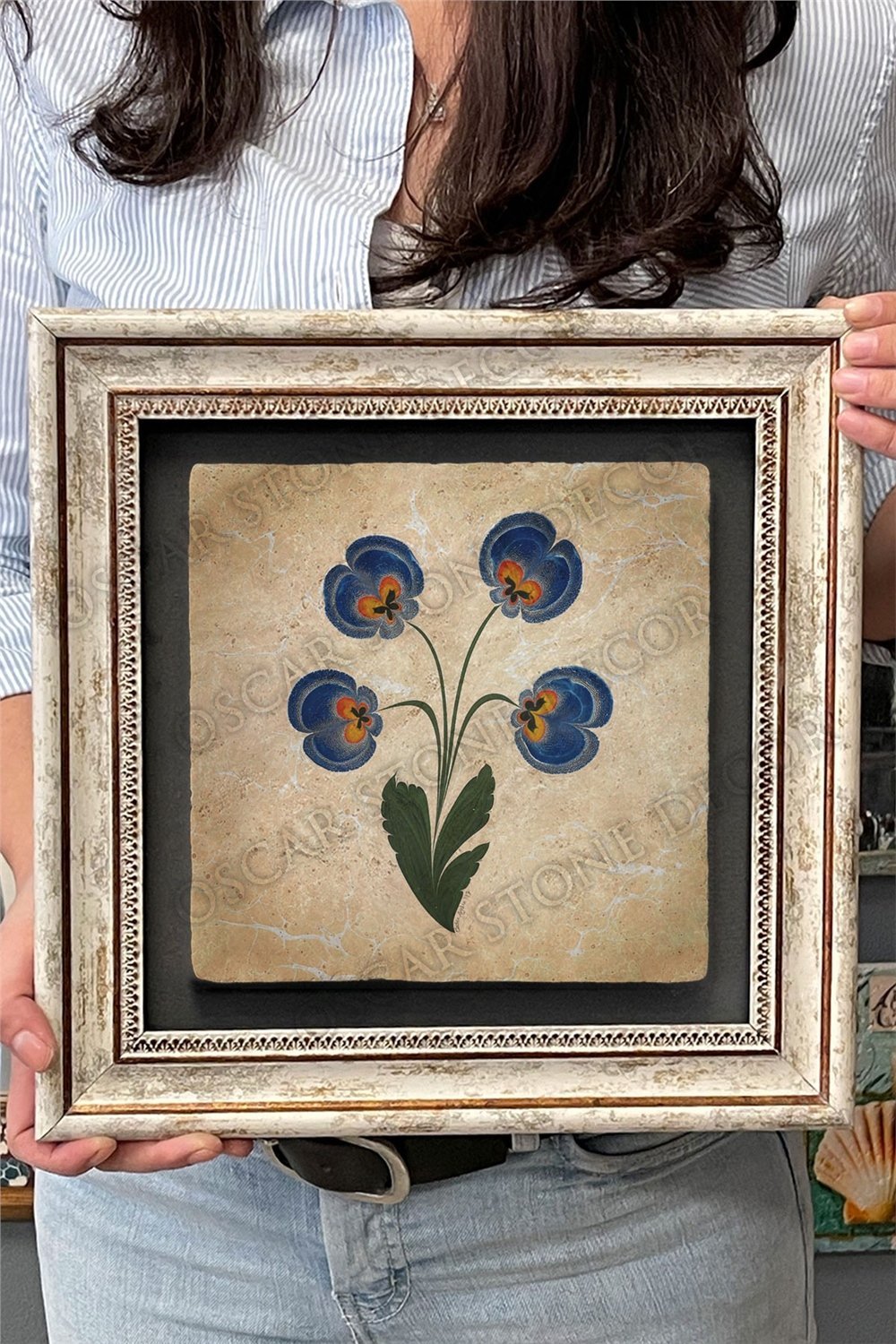 Oscar Stone Decor Çerçeveli Tablo Taş Duvar Dekoru 30 X 30 Cm Ebruli Çiçek Tasarım Tablo