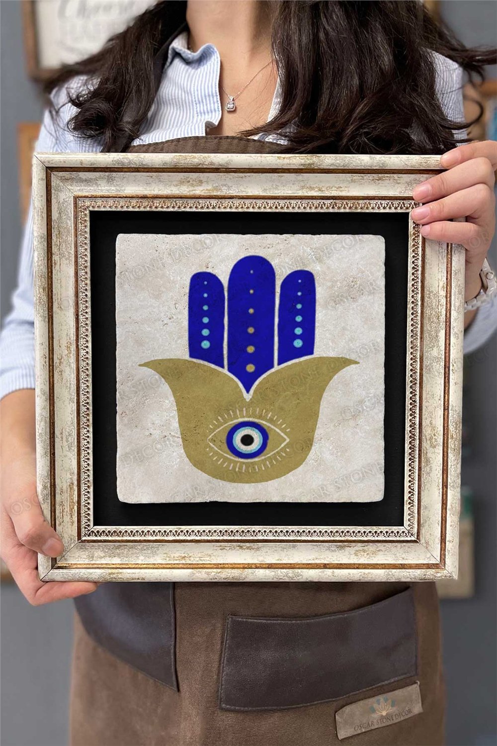 Oscar Stone Decor Çerçeveli Tablo Taş Duvar Dekoru 30 X 30 Cm Nazar Boncuğu Fatma Ana Eli Tablosu
