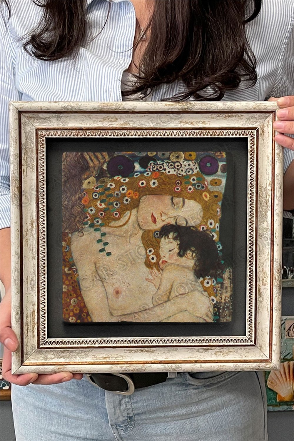 Oscar Stone Decor Çerçeveli Tablo Taş Duvar Dekoru 30 X 30 Cm Gustav Klimt Anne ve Bebek