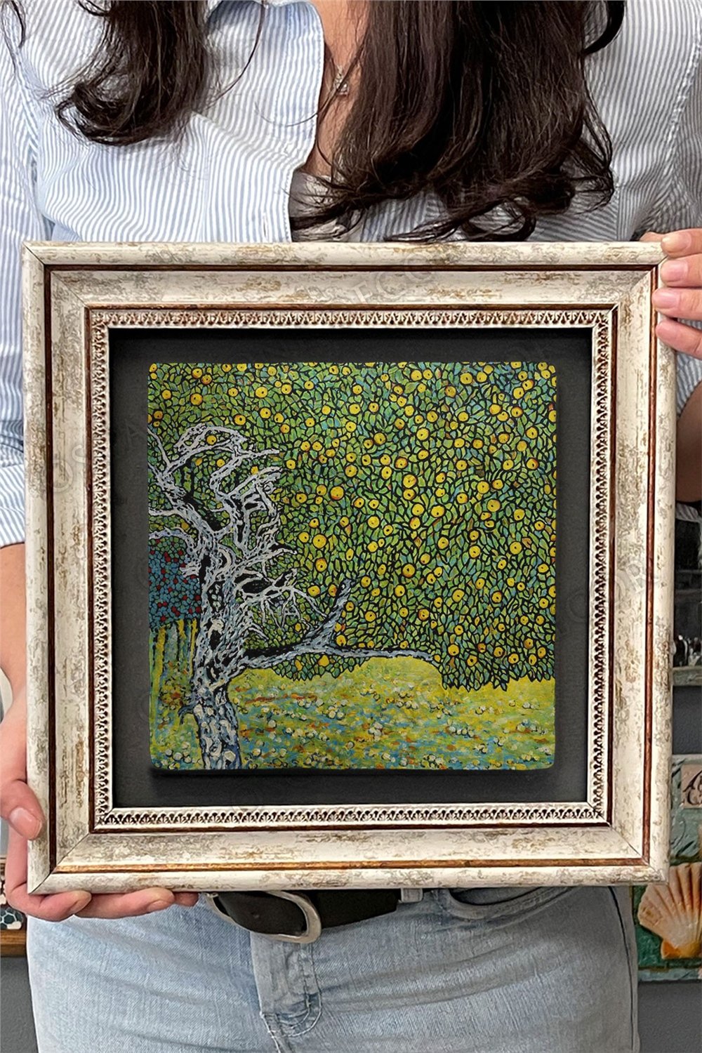 Oscar Stone Decor Çerçeveli Tablo Taş Duvar Dekoru 30 X 30 Cm Gustav Klimt Limon Ağacı Tablosu