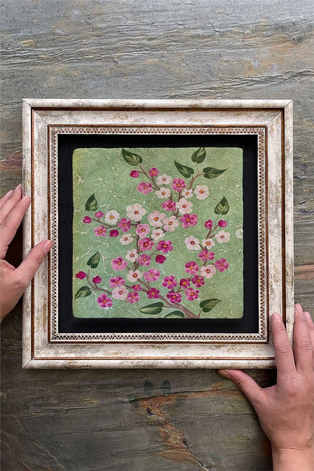 Oscar Stone Decor Çerçeveli Tablo Taş Duvar Dekoru 30 X 30 Cm Ebruli Çiçekler Tablosu