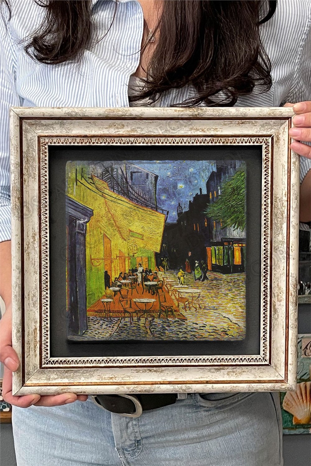 Oscar Stone Decor Çerçeveli Tablo Taş Duvar Dekoru 30 X 30 Cm Van Gogh Cafe Tablosu