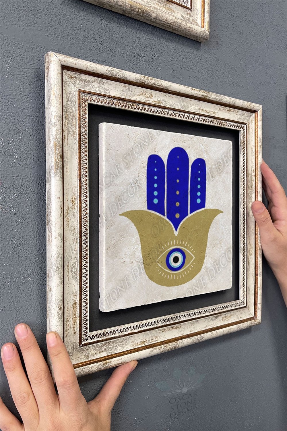 Oscar Stone Decor Çerçeveli Tablo Taş Duvar Dekoru 30 X 30 Cm Nazar Boncuğu Fatma Ana Eli Tablosu