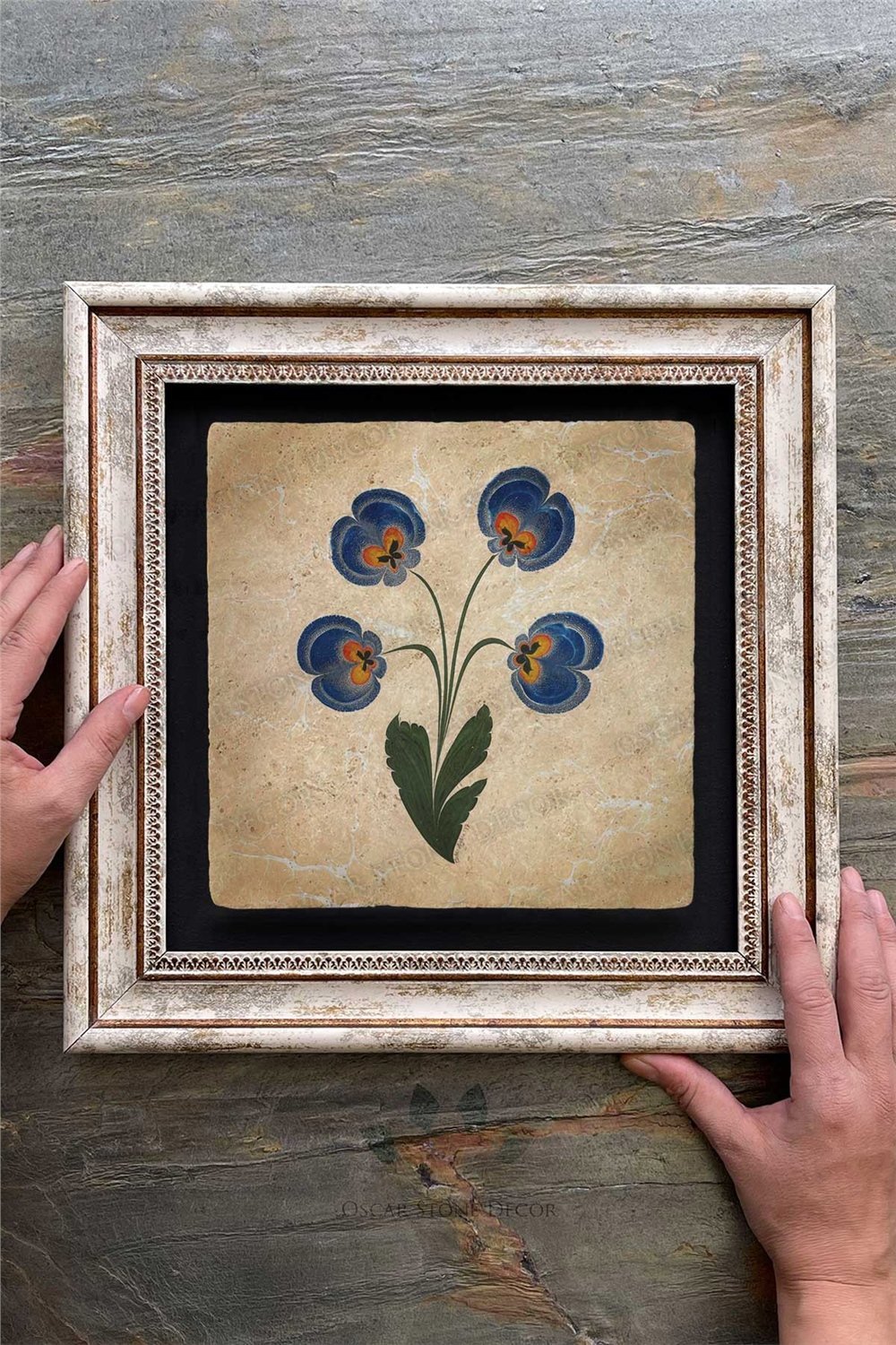 Oscar Stone Decor Çerçeveli Tablo Taş Duvar Dekoru 30 X 30 Cm Ebruli Çiçek Tasarım Tablo