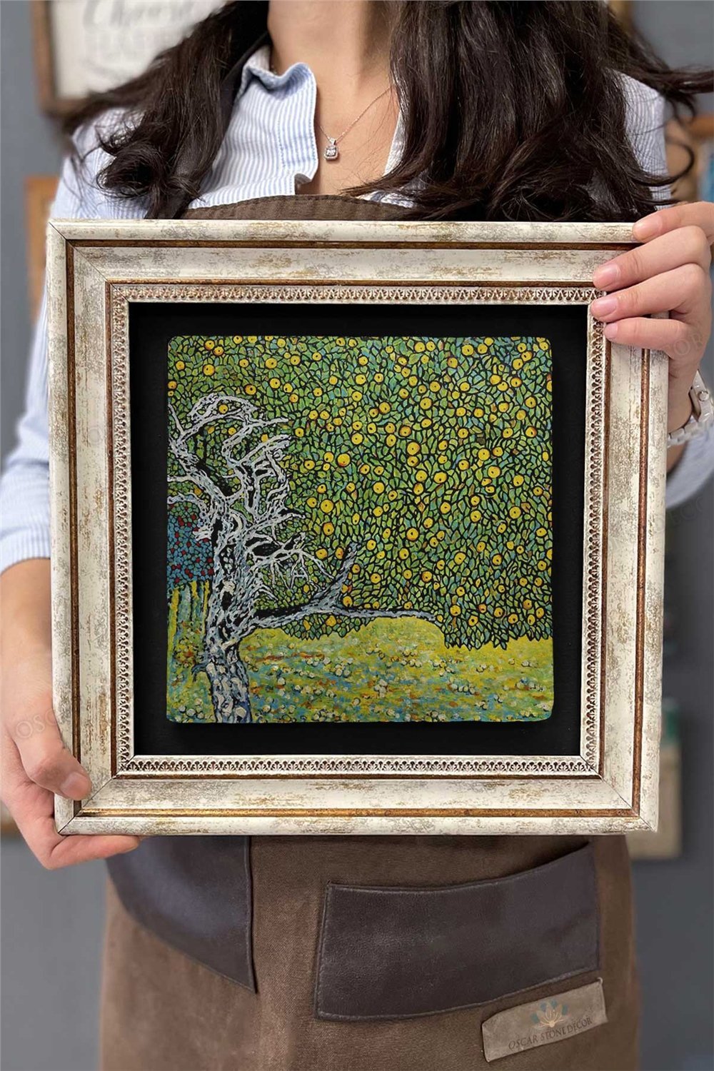 Oscar Stone Decor Çerçeveli Tablo Taş Duvar Dekoru 30 X 30 Cm Gustav Klimt Limon Ağacı Tablosu