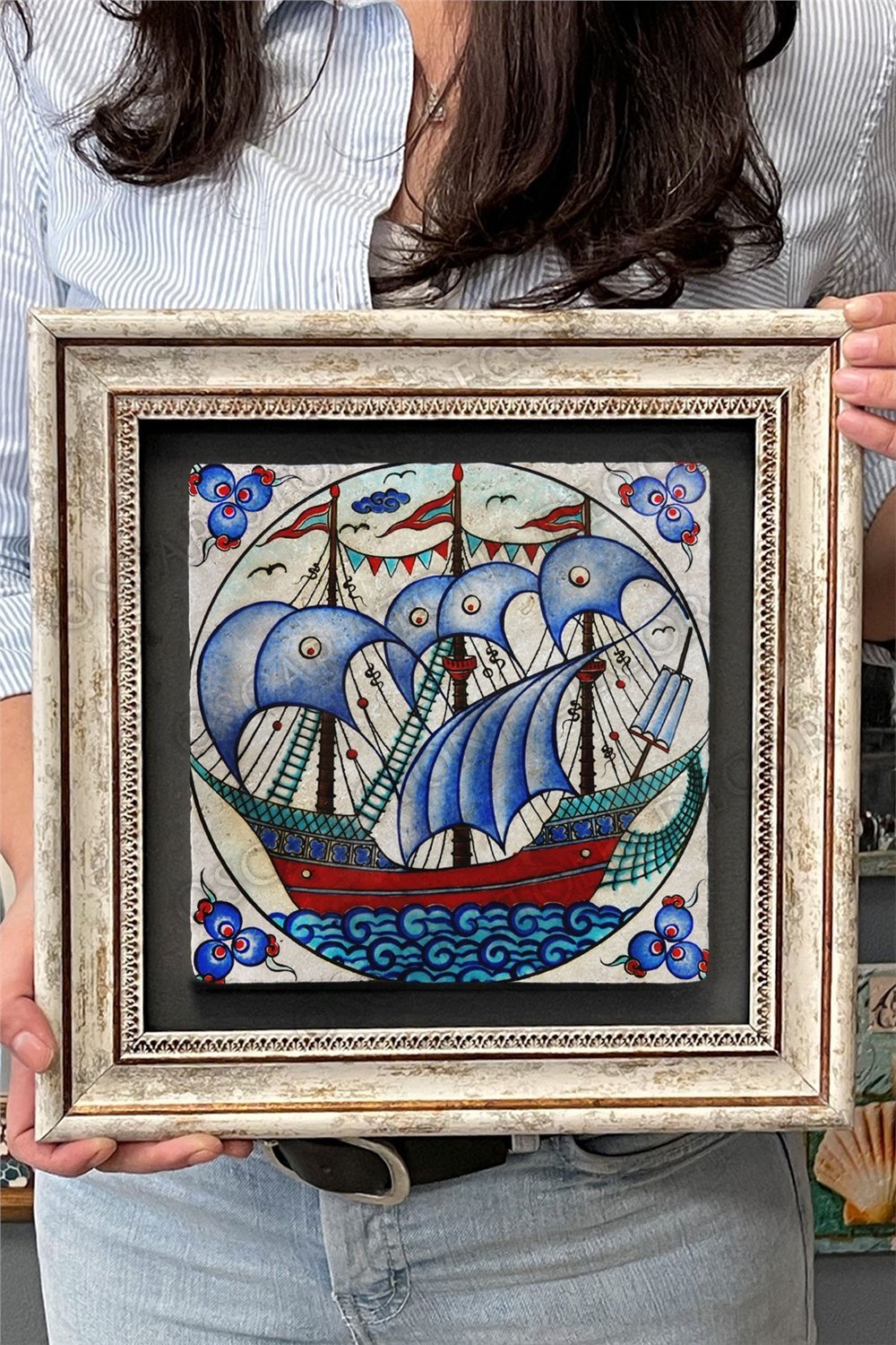Oscar Stone Decor Çerçeveli Tablo Taş Duvar Dekoru 30 X 30 Cm Çini Seramik Gemi Figürlü Tablo