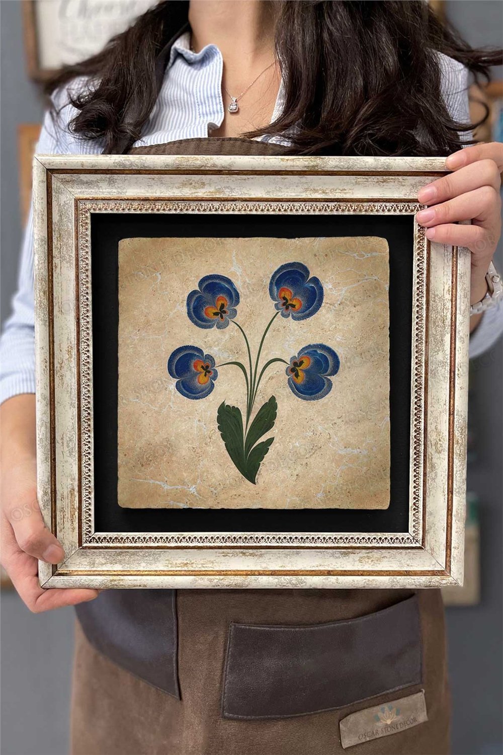 Oscar Stone Decor Çerçeveli Tablo Taş Duvar Dekoru 30 X 30 Cm Ebruli Çiçek Tasarım Tablo