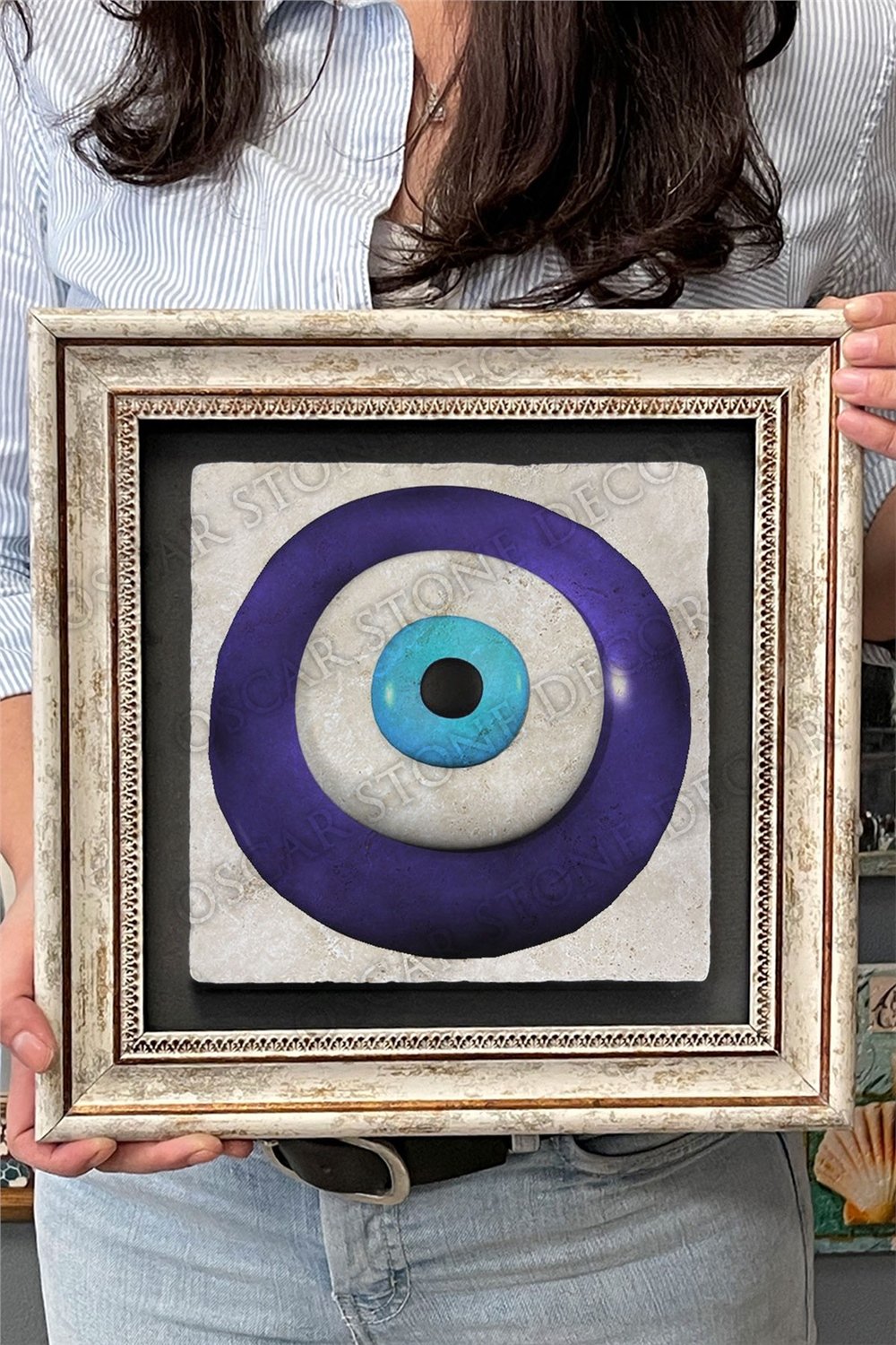 Oscar Stone Decor Çerçeveli Tablo Taş Duvar Dekoru 30 X 30 Cm Nazar Boncuğu
