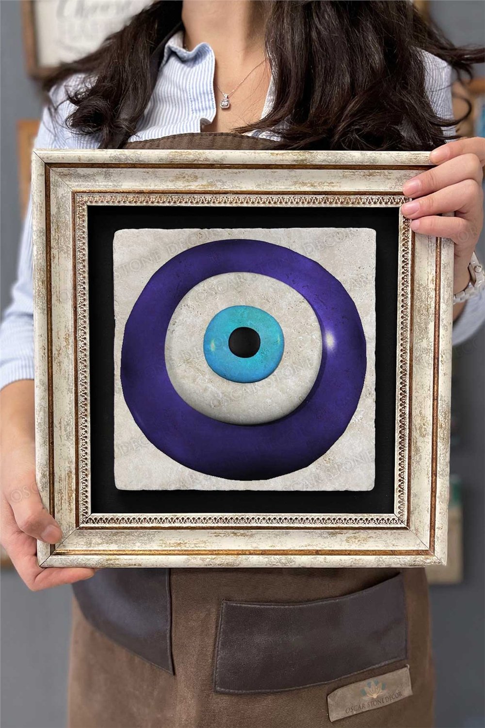 Oscar Stone Decor Çerçeveli Tablo Taş Duvar Dekoru 30 X 30 Cm Nazar Boncuğu