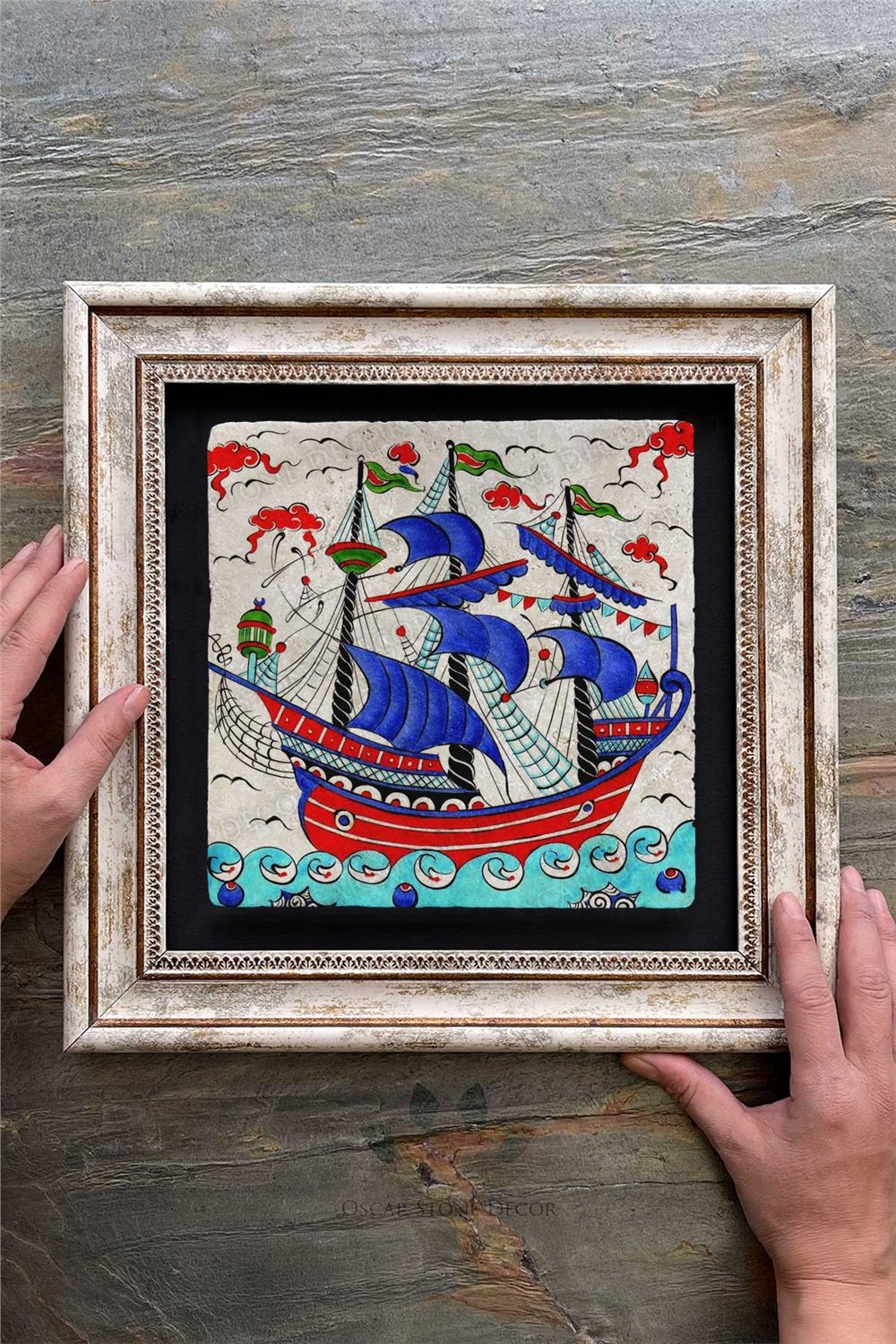 Oscar Stone Decor Çerçeveli Tablo Taş Duvar Dekoru 30 X 30 Cm Çini Seramik Gemi