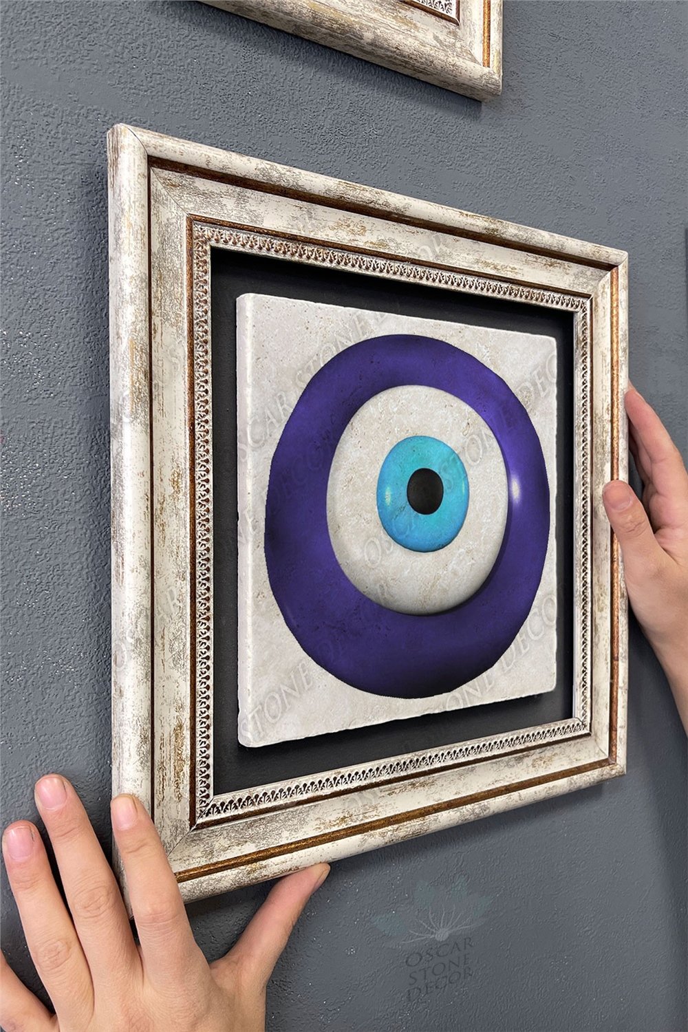 Oscar Stone Decor Çerçeveli Tablo Taş Duvar Dekoru 30 X 30 Cm Nazar Boncuğu