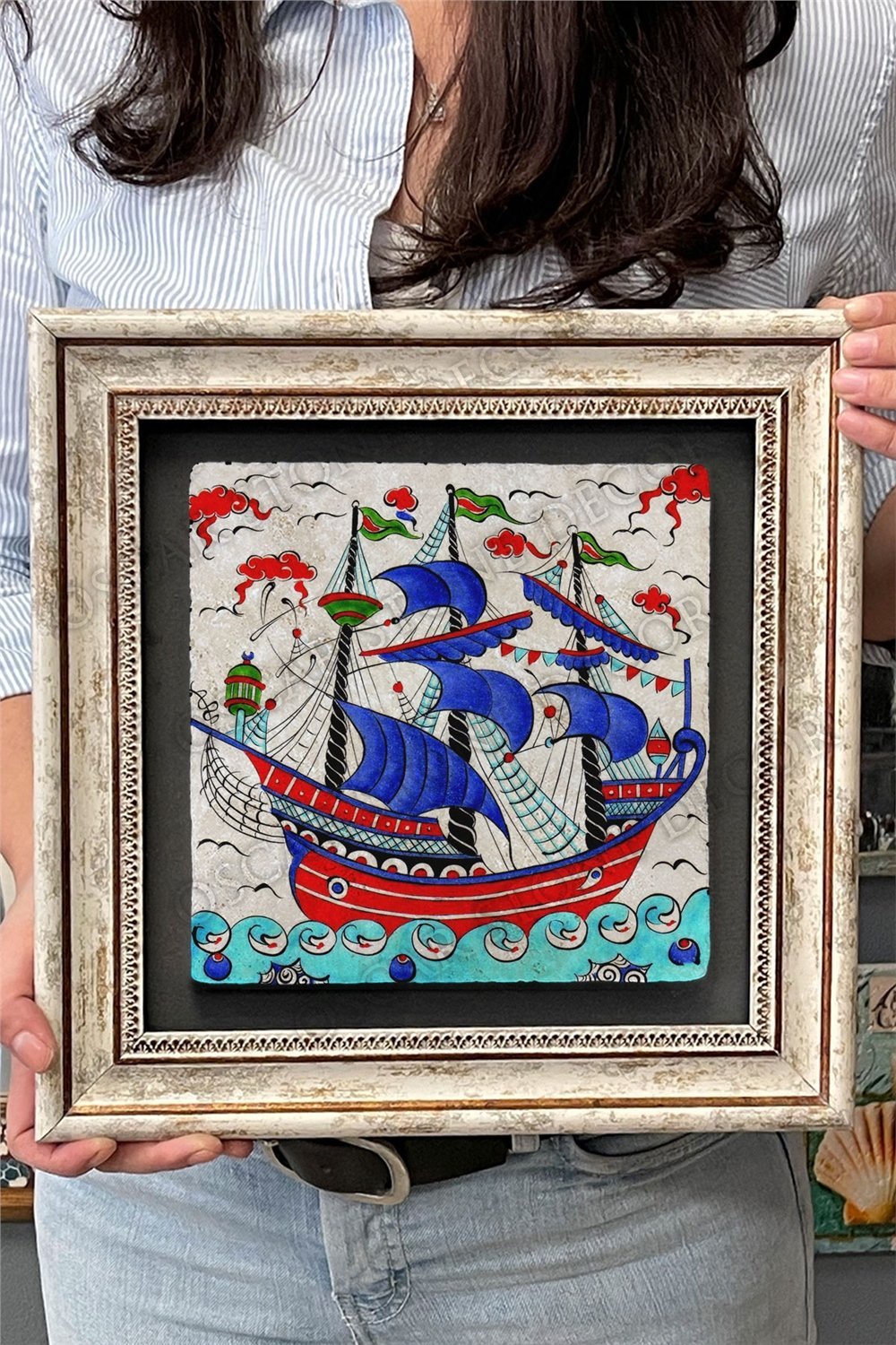 Oscar Stone Decor Çerçeveli Tablo Taş Duvar Dekoru 30 X 30 Cm Çini Seramik Gemi