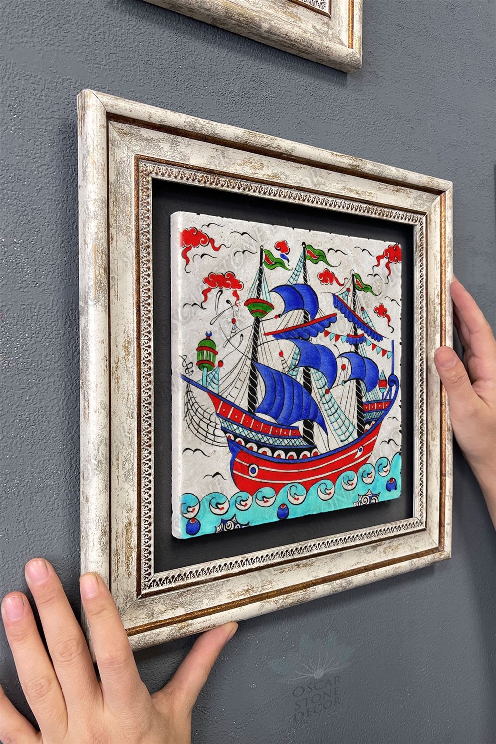 Oscar Stone Decor Çerçeveli Tablo Taş Duvar Dekoru 30 X 30 Cm Çini Seramik Gemi