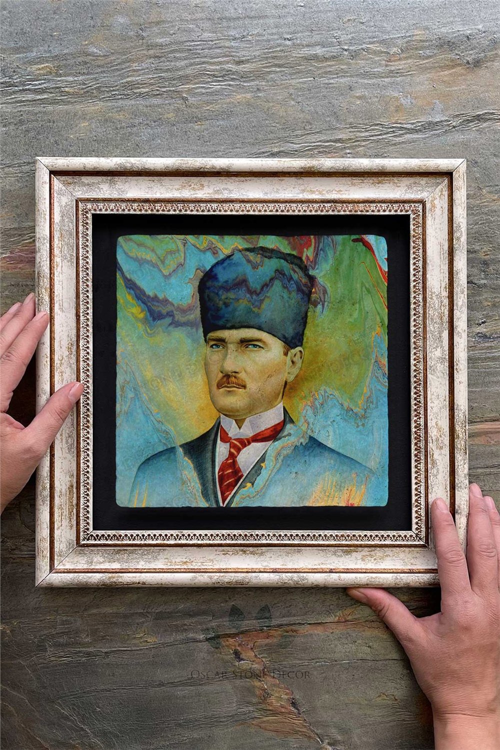 Oscar Stone Decor Çerçeveli Tablo Taş Duvar Dekoru 30 X 30 Cm Atatürk Suluboya Çizim