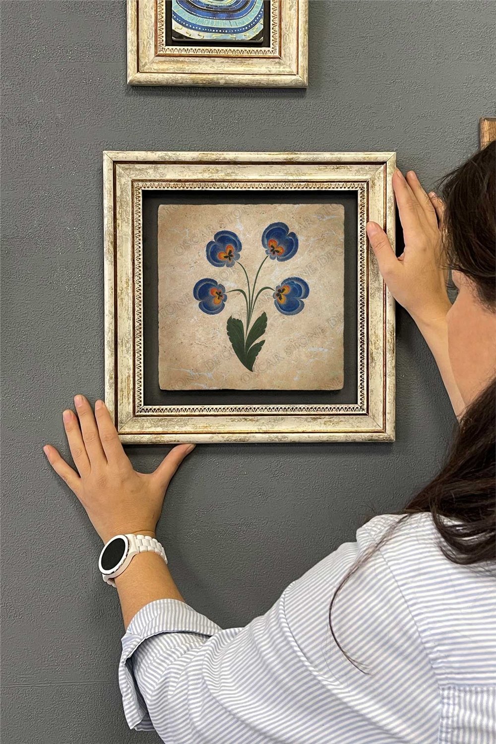 Oscar Stone Decor Çerçeveli Tablo Taş Duvar Dekoru 30 X 30 Cm Ebruli Çiçek Tasarım Tablo