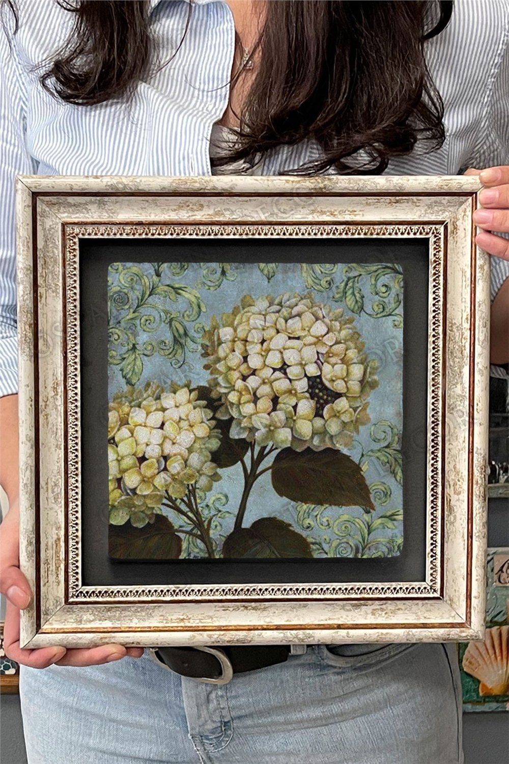 Oscar Stone Decor Çerçeveli Tablo Taş Duvar Dekoru 30 X 30 Cm Ortanca Çiçeği Tablosu