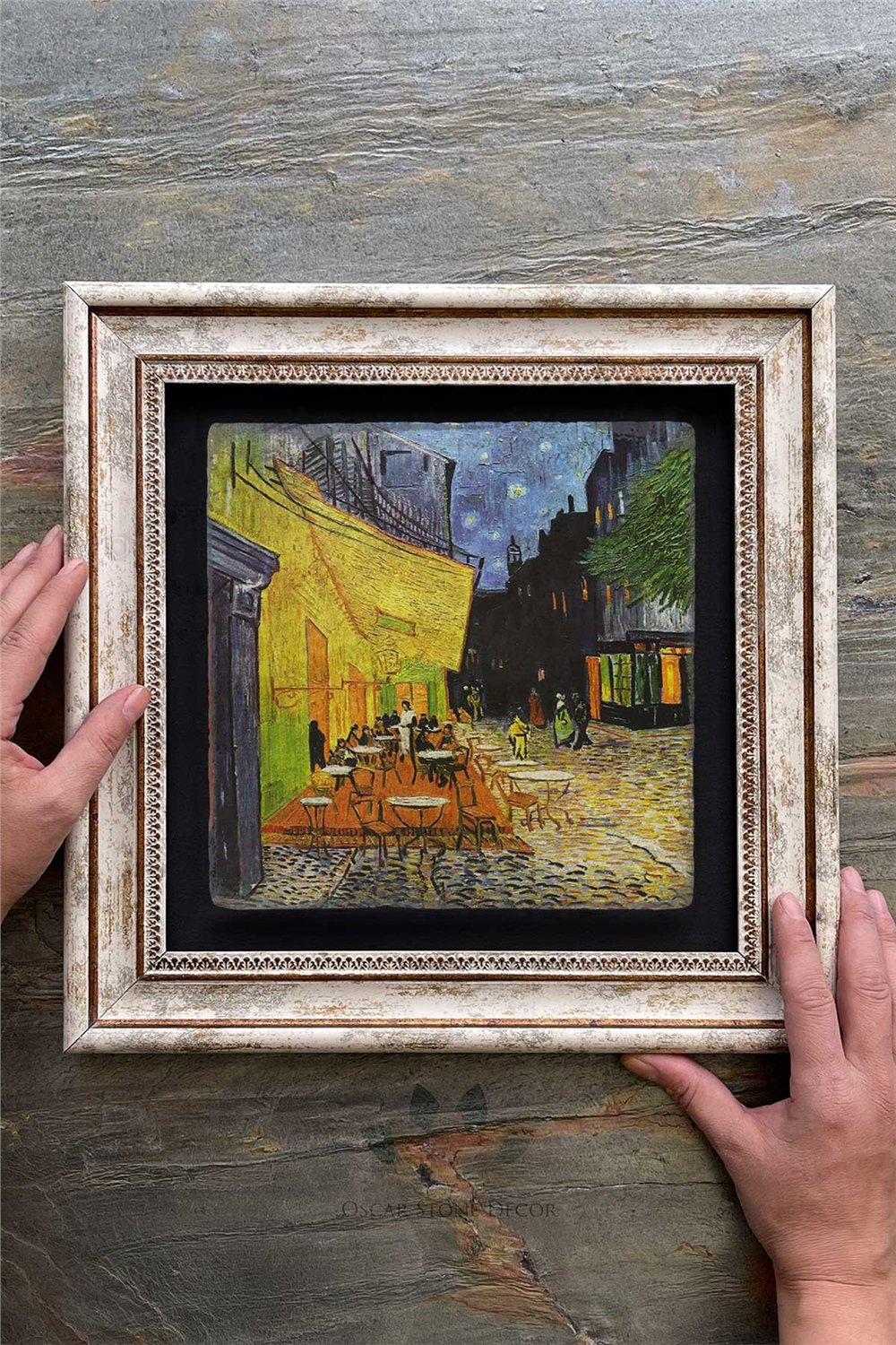 Oscar Stone Decor Çerçeveli Tablo Taş Duvar Dekoru 30 X 30 Cm Van Gogh Cafe Tablosu