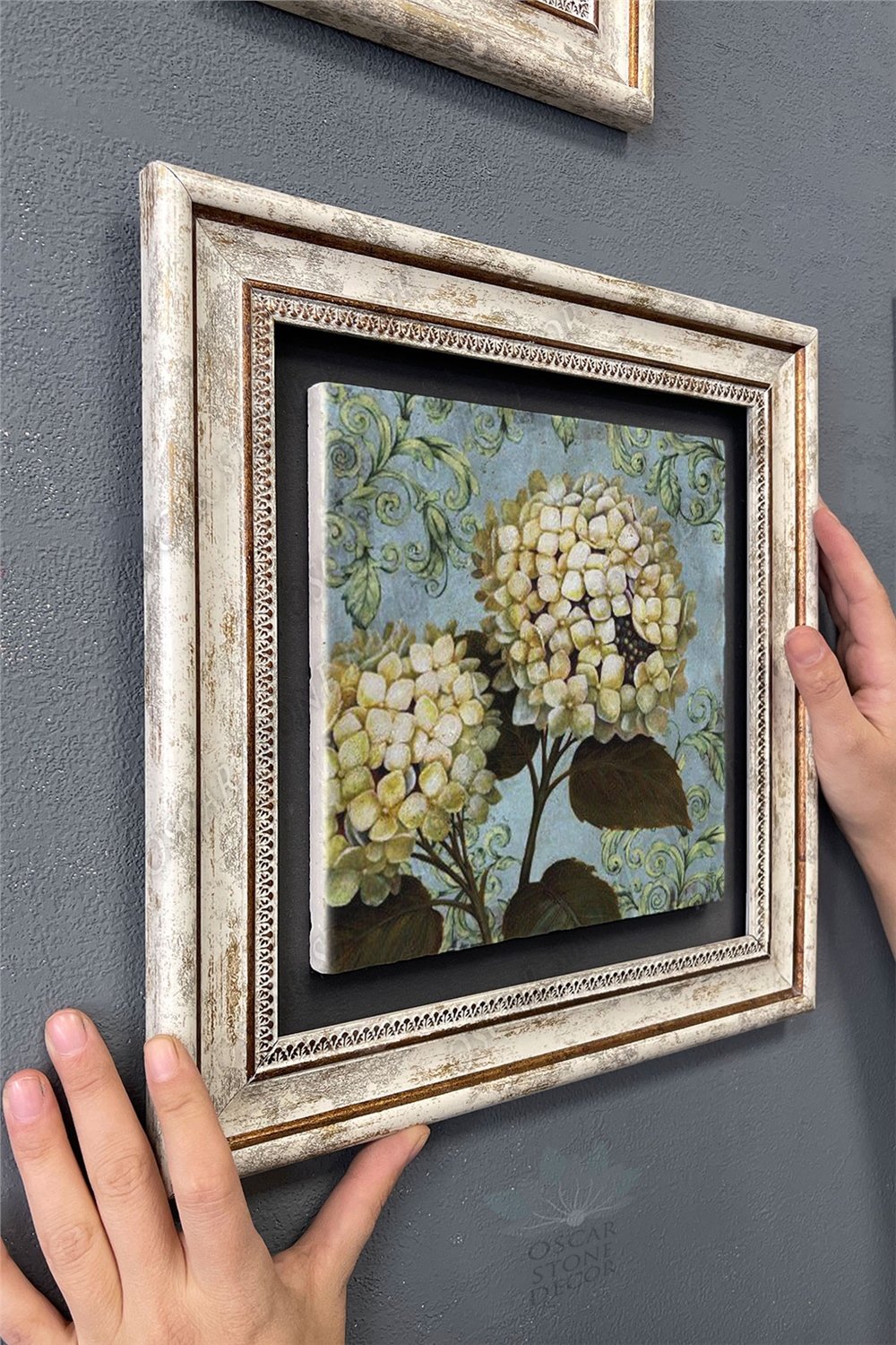 Oscar Stone Decor Çerçeveli Tablo Taş Duvar Dekoru 30 X 30 Cm Ortanca Çiçeği Tablosu