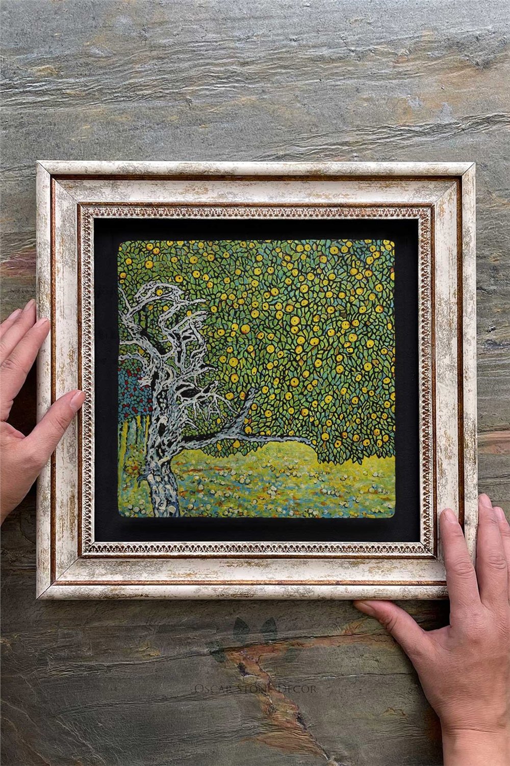 Oscar Stone Decor Çerçeveli Tablo Taş Duvar Dekoru 30 X 30 Cm Gustav Klimt Limon Ağacı Tablosu