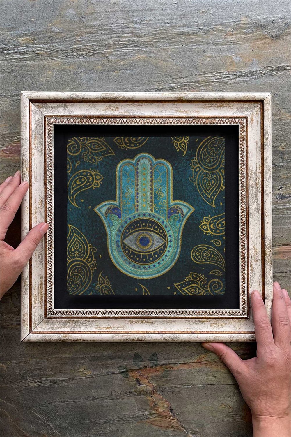 Oscar Stone Decor Çerçeveli Tablo Taş Duvar Dekoru 30 X 30 Cm Fatma Ana Eli