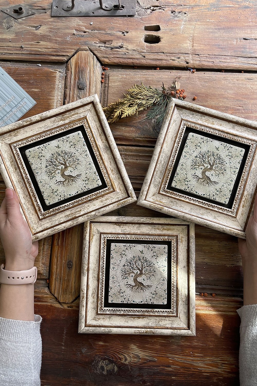 Oscar Stone Decor Çerçeveli Taş Duvar Dekoru Tablo 20x20cm 3'lü Set Hayat Ağacı