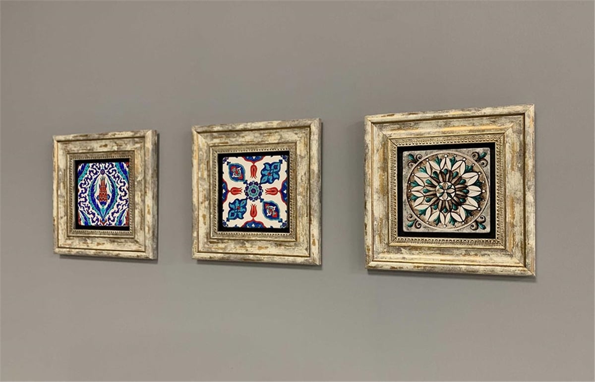Oscar Stone Decor Çerçeveli Taş Duvar  Dekoru 20 x 20 cm 3 lü set  Çini Desen 3 Adet Çerçeveli pano