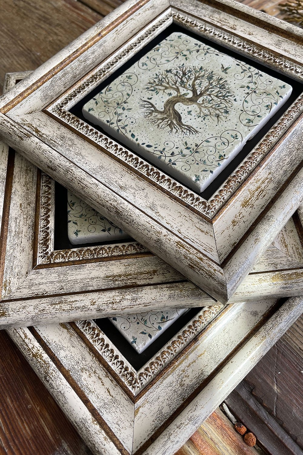 Oscar Stone Decor Çerçeveli Taş Duvar Dekoru Tablo 20x20cm 3'lü Set Hayat Ağacı
