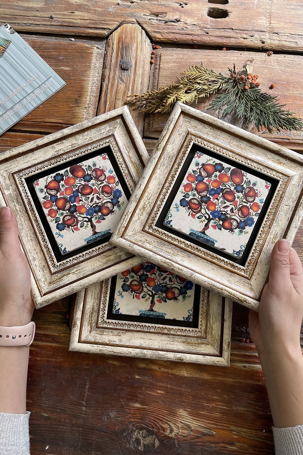 Oscar Stone Decor Çerçeveli Taş Duvar Dekoru Tablo 20x20cm 3'lü Set Nar Ağacı